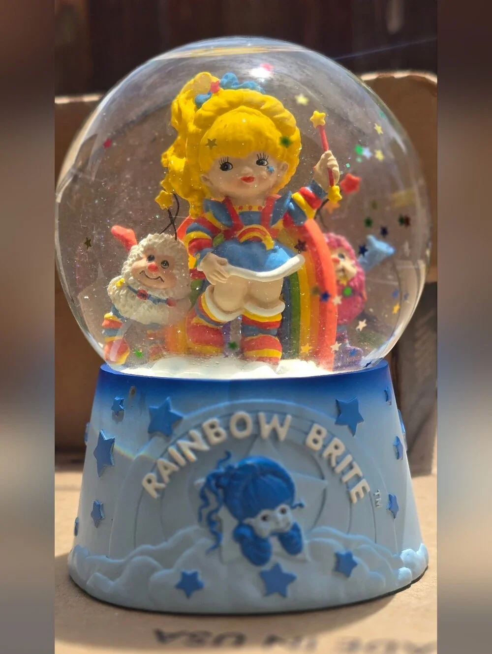 Vintage RARE Rainbow Bright Blue Snow Globe with Colorful Figurines